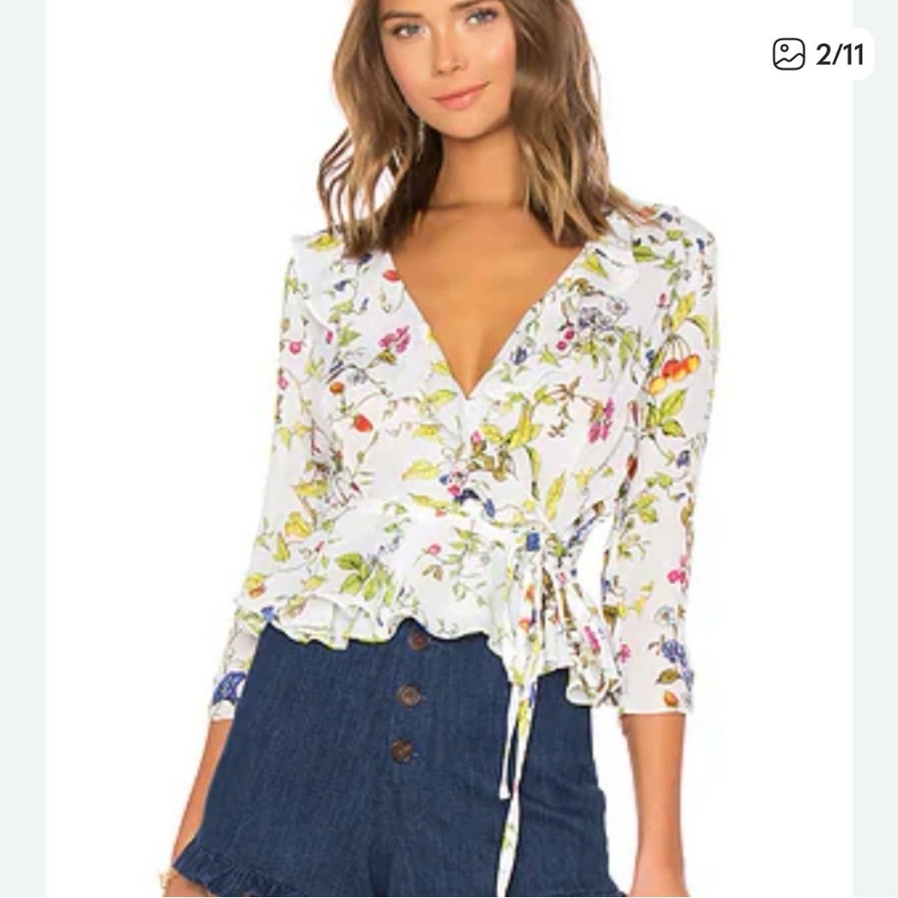 Milly Italian Silk White Floral Fruit Wrap Ruffle Blouse